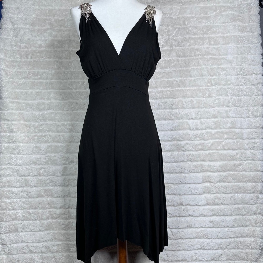 Vintage Y2K Unyx Black Embellished Shoulder V Neck Midi Dress Women's S